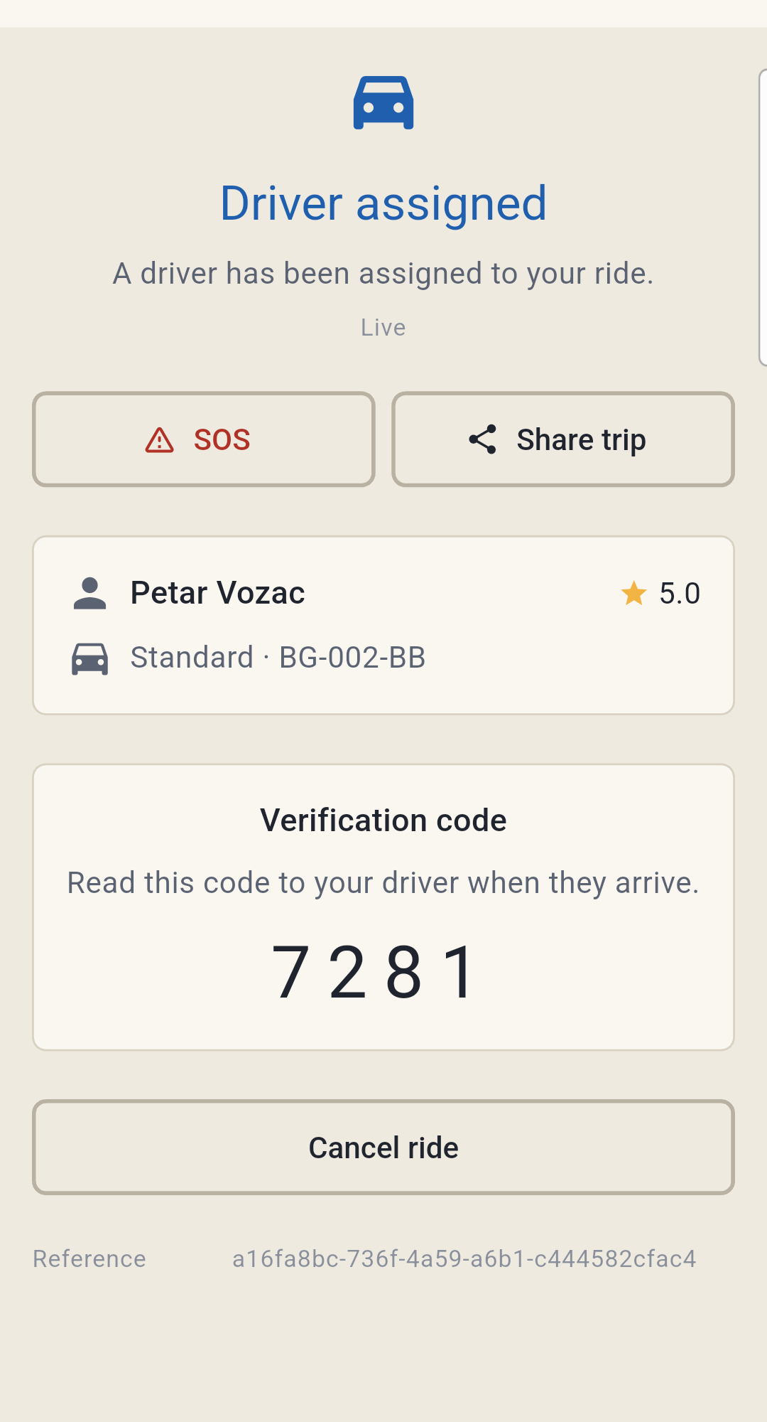 GoFloyd passenger app with assigned driver, pickup verification code, SOS and trip sharing
